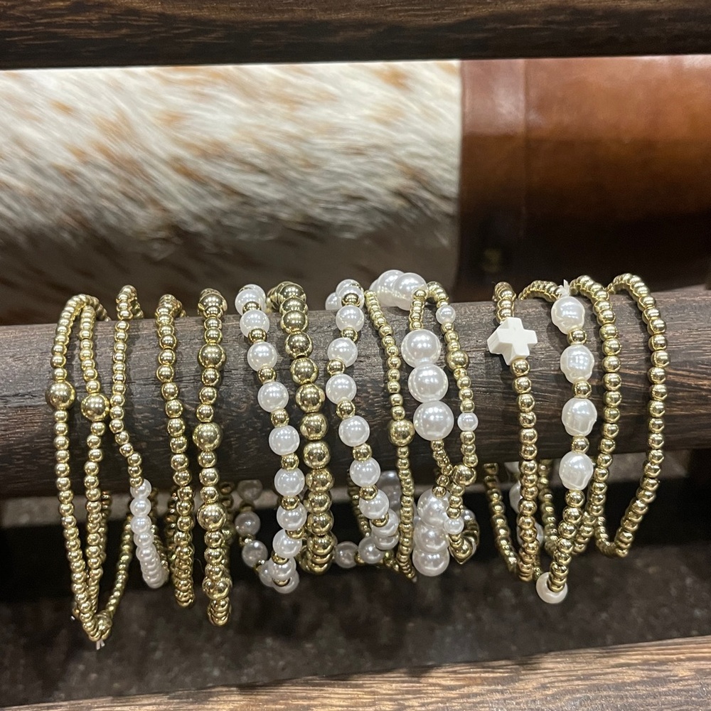 🌟15 Elegant Gold and White Beaded Bracelet Set with cross